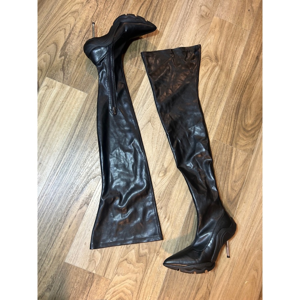 Black Faux Leather Thigh High Stiletto Boots with Lug Sole Pointed Toe Size 11